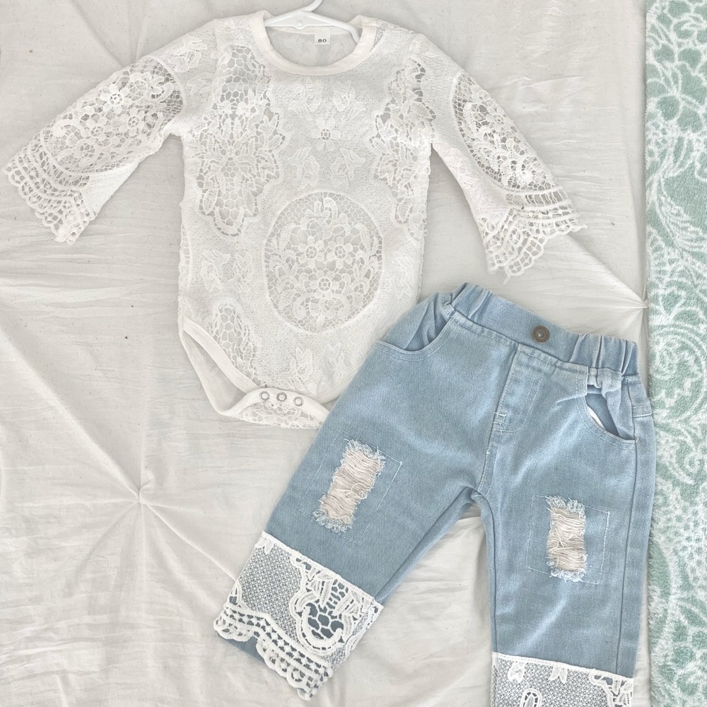 White Lace Jean Toddler Set